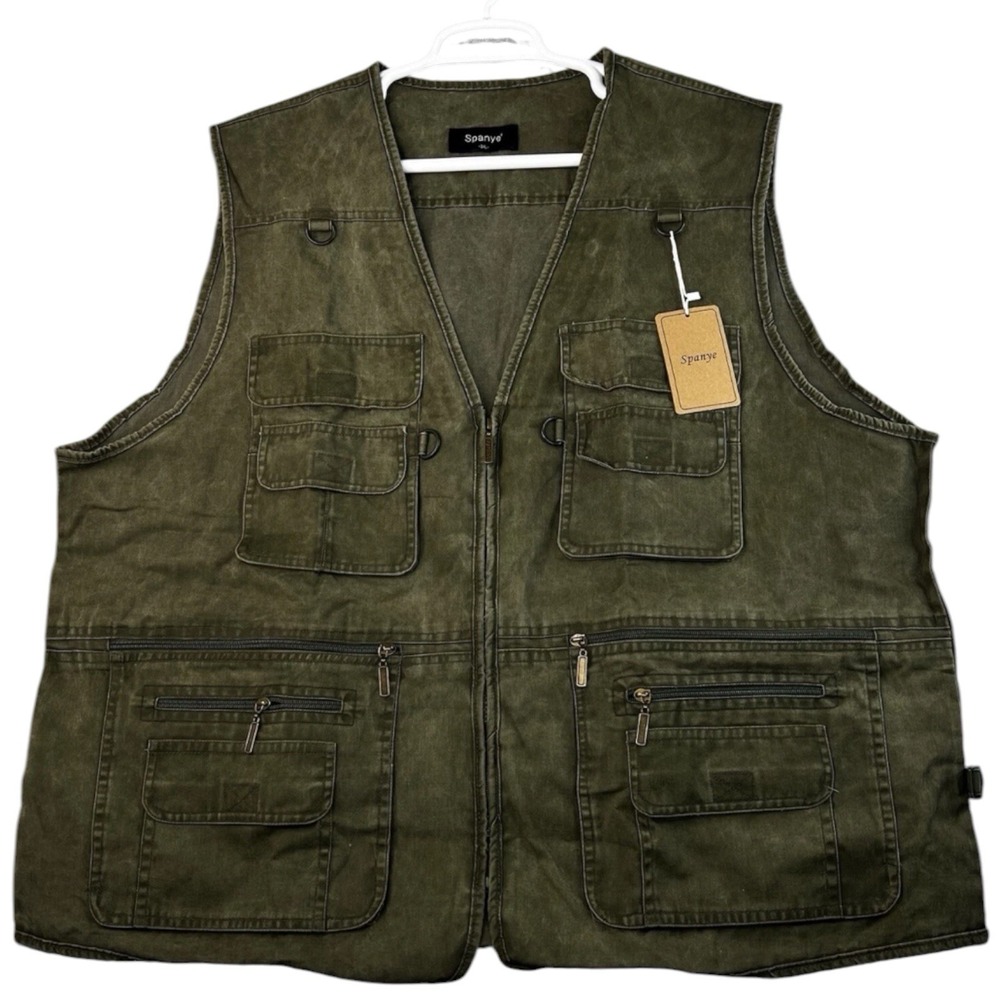 Spanye Mens Fishing Photography Vest Green Pockets V Neck Zipper 3XL New